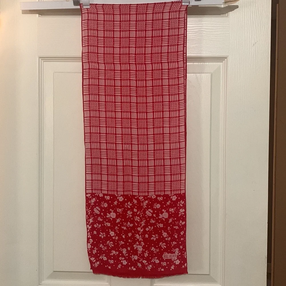 Bill Blass. Red & white dual print plaid floral rectangular scarf. Pop of color